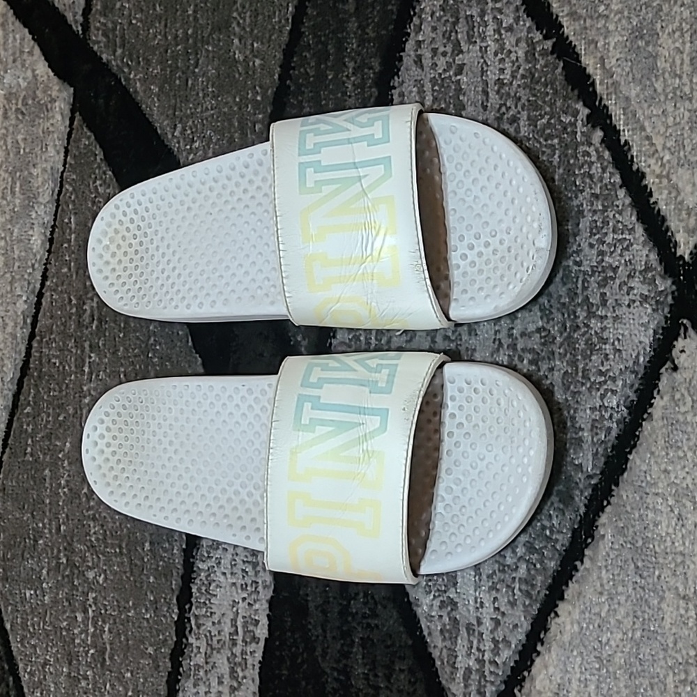 VS PINK WHITE OMBRE LOGO STRAP SLIDES SANDALS